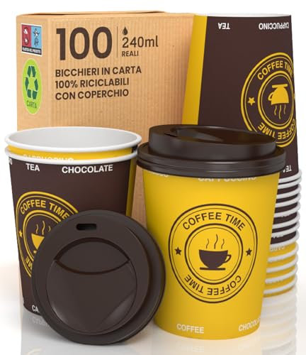 100 Gobelets en Carton avec Couvercles pour Emporter, 240ml, Écologiques, Biodégradables et Jetables, Boissons Froides, Chaudes, Café, CAPPUCCINO