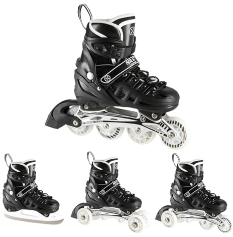 NILS Lot de Patins à roulettes 4 en 1 Triskates Twinkle White ABEC7 LED Light Wheels Taille 31-42 Réglable (Noir, L (39-42))