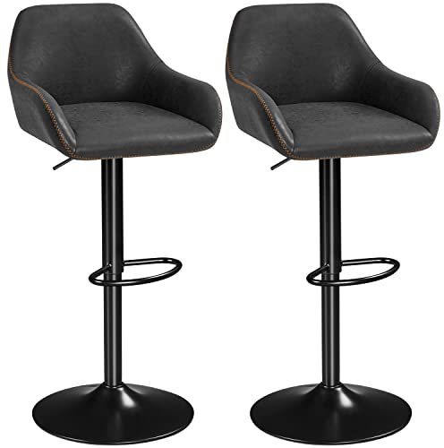 Yaheetech Bar Stools Set of 2, Height Adjustable Swivel Breakfast Barstools, PU Leather Upholstered Bar Chair with Backrest, Armrests and Footrest for Home Kitchen, Black