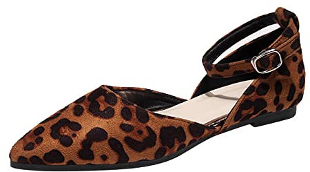 Women's Flats Shoes Faux Suede Slip On Pointed Toe Ballet Flat with Ankle Strap Walking Shoes Leopard Print Ballet Comfort Soft Slip On Flats Shoes UK SIZE 6 Brown