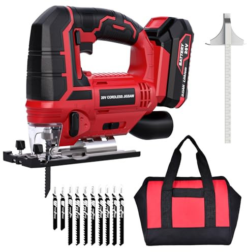 Seghetto Alternativo a Batteria 20V, con 2.0Ah Batterie et Caricatore Rapido, 4 Impostazioni Orbitali, 2700 SPM, 10 Lame, Profondità di Taglio: 80 mm in legno, Angolo Inclinato 45°, Cambio Lama Rapido