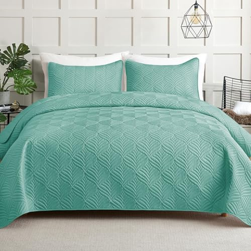 Whale Flotilla Colcha Moderna de 260 x 280 cm, Colcha con 2 Fundas de Almohada, Edredón de Microfibra con Estampado en Relieve, Ropa de Cama Ligera y Suave para 4 Estaciones, Verde