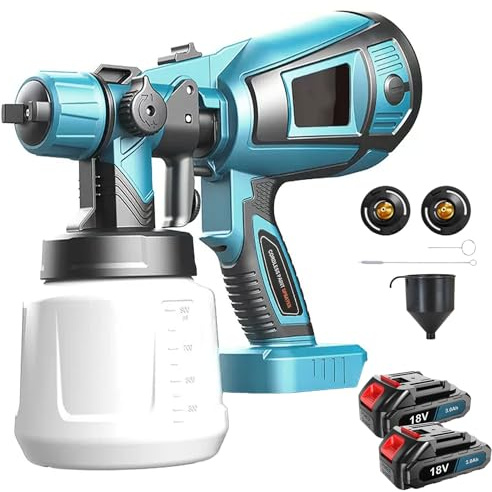 Sistema de pulverización de pintura, batería con 2 baterías de 3000 mAh y cargador, recipiente de PVC de 1000 ml, 3 boquillas y 3 patrones de pulverización, pulverización de cobre puro, pistola de