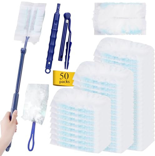 52 Pezzi Ricariche Compatibile con Swiffer Duster, Piumini Cattura Polvere Compatibile con Swiffer Piumini con 1 Manico, 1 Manici Telescopici, Spolverini Usa e Getta Cattura e Intrappola Polvere