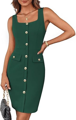 GRACE KARIN - Abito da donna, elegante, senza maniche, con scollo quadrato, abbottonato, con cintura, abito da lavoro, formale, abito da cocktail, abito avvolgente, abito aderente, mini abito con