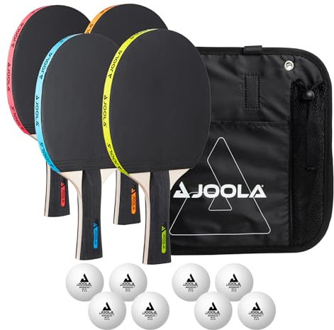 JOOLA Tischtennis Set, Tischtennis-Set mit 4 Tischtennisschlägern, Tischtennisbällen und Tragetasche (NEON)