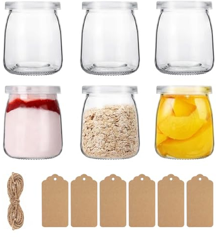ZhouZGlass 200ml Yogurt Pudding Glass Jars, Clear Glass Pudding Jars with PE Lids for Jam, Honey, Wedding Favors, Shower Favors, Baby Foods (Set of 6)