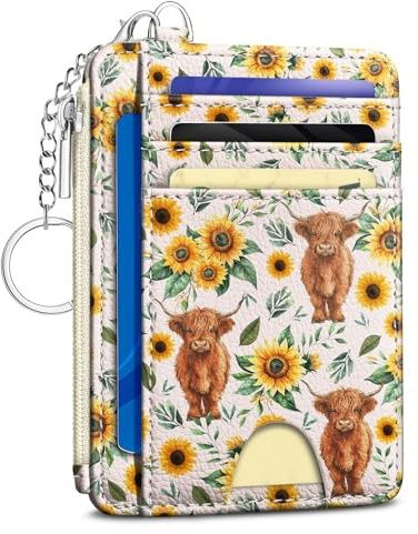 Kelvoris Highland Cow Sunflower Credit Card Holder Small Wallet Women, Slim RFID Blocking Wallet Woman Keychain with Zipper Coin Pocket, Front Pocket Thin Travel Card Case with ID Window Ladies Gifts