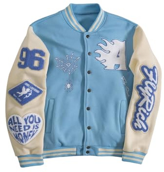 GORGLITTER Men's Button Down Varsity Baseball Jacket Trendy Graphic Letterman Jacket Y2K Bomber Coat Preppy Clothes Light Blue Small