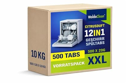 WoldoClean Diskmaskinstabletter 500 Styck - Vattenlöslig Folie, Allt i 1 Diskmaskinstabs Fosfatfria med 12x Kraft, Citrusdoft & Glasskydd