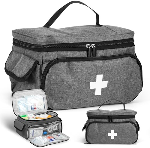 Sac de premiers secours vide avec 14 compartiments pour pharmacie à domicile, organisateur médical, soins à domicile, médicaments, événement d'urgence, sac de médecin pour médecin généraliste (gris)