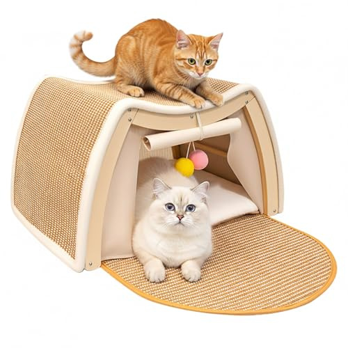 LORESJOY Casa de Madera para Gatos, 2 en 1 Rascador y Tienda para Gatos, 50x40x32 cm Cama para Gato, Cueva para Gatos con Cojín, Ideal para Gato Pequeños y Medianos