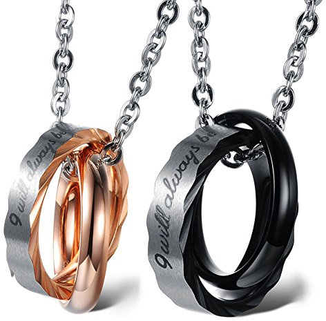 Cupimatch 2 Pièces Pendentif Collier avec I Will Always be avec You Double Anneau Bague Entrelacé en Acier Inoxydable pour Homme et Femme ou Couples - Chaîne 50cm& 45cm,Doré Rose et Noir