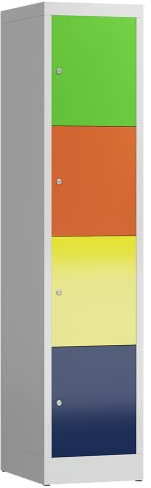 Lüllmann Schließfachschrank Fächerschrank 4 Fächer 1800 x 400 x 500 mm Spind (Korpus RAL 7035 lichtgrau, Türen RAL 6018/5010/1018/3020 gelbgrün, enzianblau, zinkgelb, verkehrsrot)