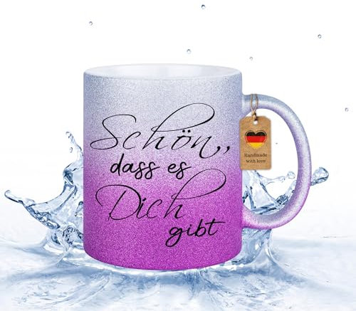 Druckerino Glitzertasse Schön, dass es Dich gibt I Glitzertassen Geschenke | Tassen mit Sprüchen | Geschenkideen I Für Frauen, die beste Freundin oder Kollegin (Purple)