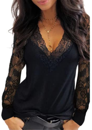 Mujer Tops Encaje Manga Larga Cuello en V Encaje Encaje Túnica Blusas Elegante Encaje Malla Blusa Semitransparente Casual Cuello de Pico Holgada Color Sólido Camisa Encaje Camisetas S-5XL