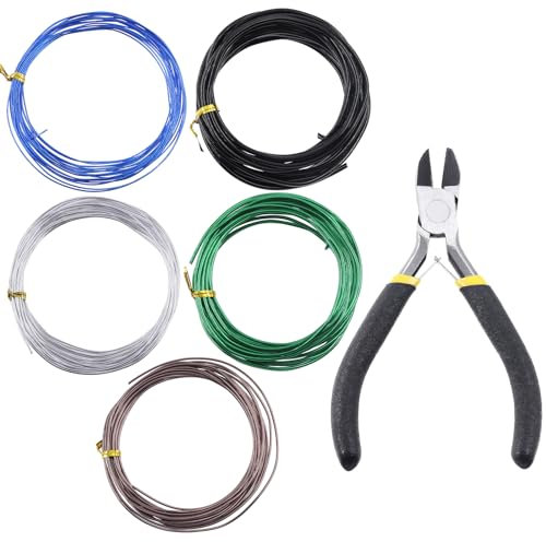 Glarks Kit de 5 rollos de alambre para bonsái, 2 mm, 3 mm, 0,8 mm, 1 mm, 1,5 mm, aluminio, bonsái, ramas de árbol con cortador de alambre, juego de aluminio anodizado de 82 pies para sostener ramas de