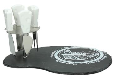 Set di 5 Pezzi Tagliere e 4 Coltelli per Formaggio - Set per Presentazione e Taglio Formaggio con Tagliere e Lame, Tagliere in Pietra Naturale e Coltelli in Acciaio