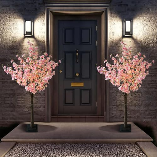 Melorca&Guilla Cherry Blossom Tree with Led Lights,2Pack 4 ft Lighted Tree, Cherry Blossom Tree Artificial Light Up Trees Decor Indoor Outdoor Shop Garden Office Home Décor (Pink, 2x4FT)