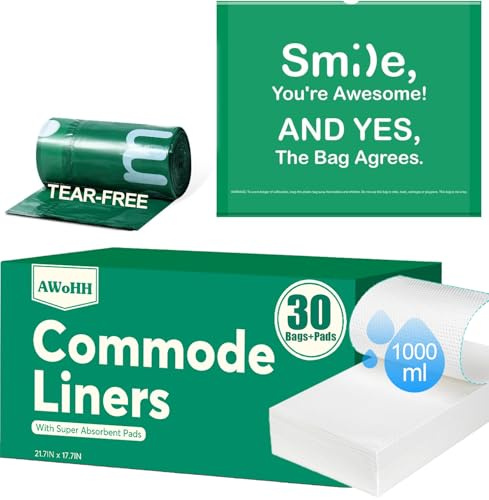 Commode Liners with Absorbent Pads, 30Pack Tear-Free Leak-Proof Bedside Commode Liners, Universal Disposable Commode/Bed Pan Liners for Bedside Commode, Standard Toilet, Chair Bucket(30Bags+30Pads)