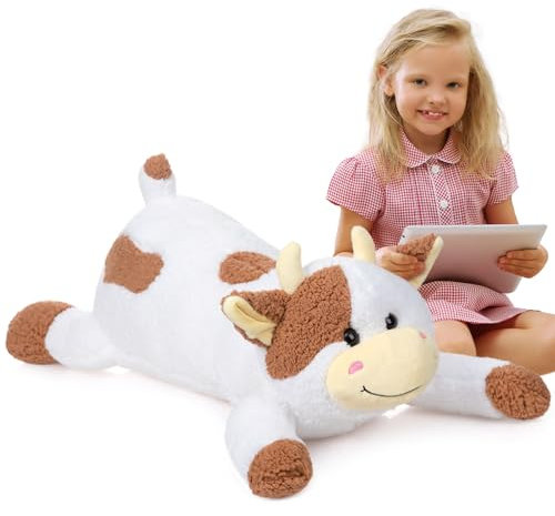 BEJOY Peluche de vaca, cojín de peluche de vaca de peluche para niños, 90 cm, color marrón