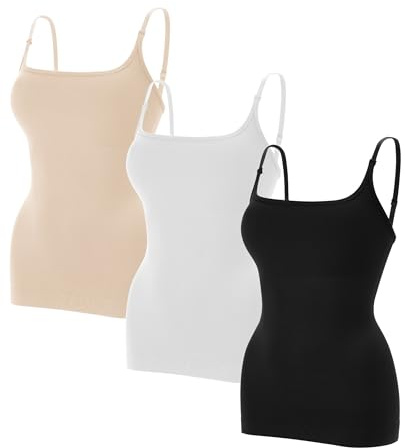 EUYZOU Women 3PK Shapewear Tummy Control Camisole Tops - Square Neck Sexy Compression Tank Tops Seamless Body Shaper, Black/White/Nude XL