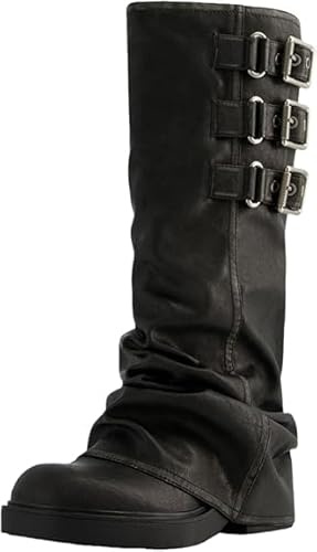 MAVMAX Women Slouchy Knee High Boots Casual Round Toe Pull On Riding Biker Boots Fold Over Chunky Low Heel Platform Boot Buckle Black US Size 7.5