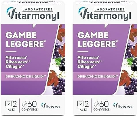 Gambe Leggere - Integratore drenante con Estratto di Vite Rossa, Ribes Nero, Ciliegio - Favorisce la funzionalità del microcircolo e il drenaggio dei liquidi - Confezione da 120 compresse - Vitarmonyl