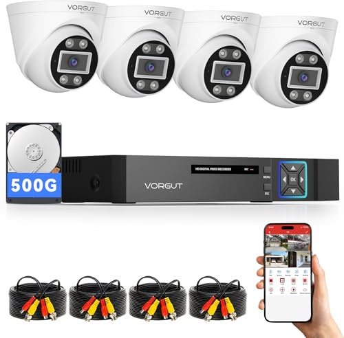 VORGUT 5MP Lite Security Camera System with 500G Hard Drive, 4 Channel AHD TVI DVR Recorder, 4pcs HD Indoor Outdoor Wired Surveillance CCTV Dome Cameras, Smart Motion Detection, Night Vision
