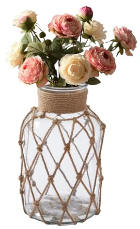Vase à fleurs en verre transparent avec corde d'emballage - Large ouverture tissée - Vase décoratif pour centre de table, décoration d'intérieur, fête de mariage (8 x 16 cm)