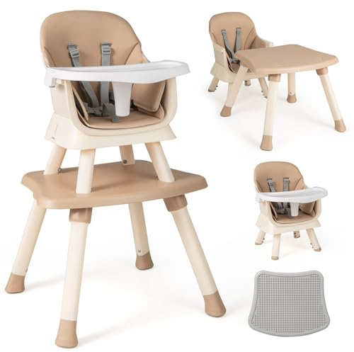 COSTWAY Silla Alta Bebés, Trona Evolutiva Portátil, Silla de Alimentación 5 Puntos, Bandeja y Cojín Desmontables (Caqui)