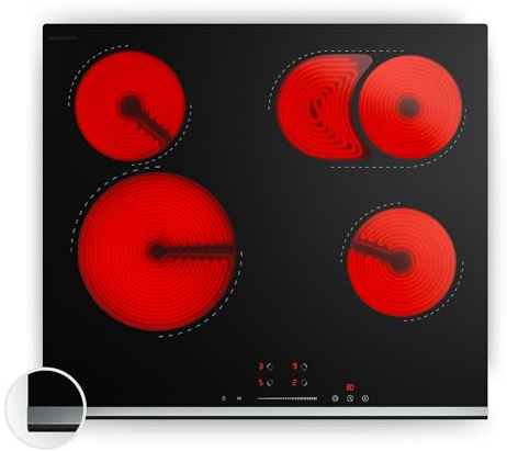 Klarstein Verosteel Piani Cottura in Vetroceramica - 60 cm, 4 Zone, Touch Slider, 6600 W, Doppia & Ovale, Timer, Blocco Bambini, Piano Cottura Elettrico Vetroceramica, Design Minimalista