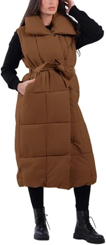 Yidarer Womens Long Puffer Vest Quilted Belted Winter Coat(Brown-M)