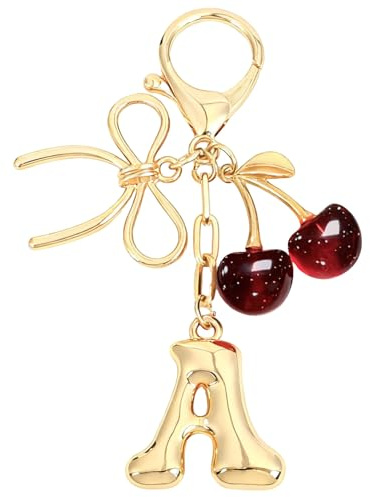 Snylcce Gold Initial Letter A Keychain with Bow & Deep Red Cherry Cute Bag Charm for Women Purse Accessories
