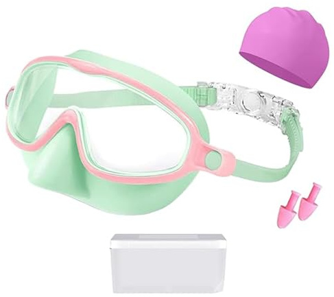 BUBEFSKD Occhialini Da Nuoto per Bambini Ampia Visione Rane Occhiali Da Nuoto Resistente Con Tappi Per Le Orecchie E Cappello Da Bagno Per Bambini Ragazzi E