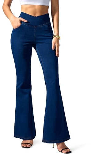 Flvsun Womens High Waisted Flare Jean Leggings Bell Bottom Jeans for Women Knit Crossover Stretchy Bootcut Jeans Sapphire Blue XL