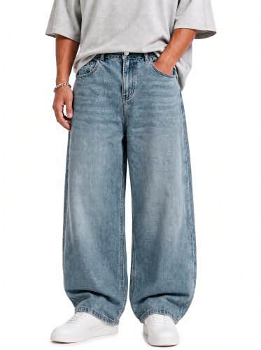 Husmeu Men's Hip Pop Baggy Jeans Wide Leg Y2K Streetwear Denim Pants | Men's Casual Multi-Pockets Denim Pants Loose Fit