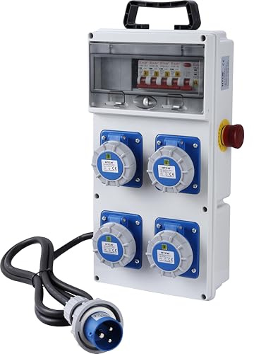 Electraline 60425 Quadro Elettrico di Distribuzione 4 Prese CEE 2P+T IP67, Spina CEE 2P+T, Cavo 1.7M H07RN-F 3G2.5, con interruttore differenziale RCD 30ma + 4 Interruttori magnetotermici MCB
