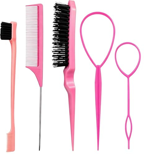 5Pcs Slick Hair Brush Set Edge Brush Teasing Brush Rat Tail Comb Topsy Tail | Double Sided Hair Brushes for Smoothing Baby Hair Flyaways Slick Back Hairstyles Braiding and Daily Hair Styling