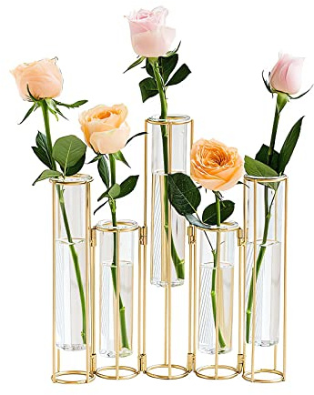 Gold Vases for Centerpieces, Test Tube Flower Vase with 5 Test Tubes, Gold Flower Vase with Metal Stand Racks Hydroponic, Glass Hinged Propagation Plant Vase for Wedding Table Home Decor