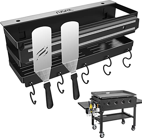 RUSFOL Rostfritt stål grillställ caddie med magnetiska BBQ-redskapslist för 71 cm/36 tum Blackstone-grillar, med en insexnyckel, platsbesparande BBQ-tillbehörsförvaringsbox, fri från borrhål och lätt