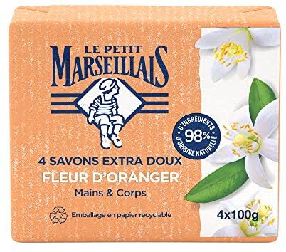 Le Pe Marseillais | Extra milde Orangenblüte Seife (4 x 100 g) – feste Hand- & Körperseife mit 98% natürlichen Inhaltsstoffen – Verpackung aus recycelbarem Papier