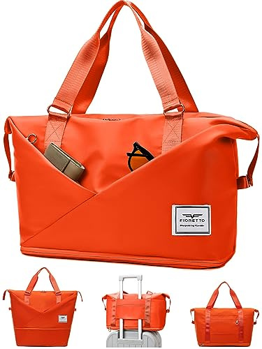 FIORETTO Women's Expandable Travel Duffle with Laptop Compartment, Water Resistant Gym Weekend Overnight Bag with Shoes Compartment & Wet Pocket Orange Expandable