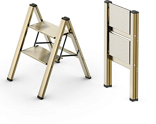 WOA WOA 2 Step Ladder, Foldable Step Stool, Aluminum Lightweight Ladder for Home Kitchen Closet, Anti-Slip Pedals, Ease of Folding, Portable, 300lbs Capacity - Gold