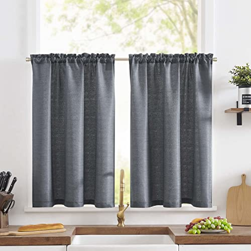 TOPICK Scheibengardine Leinenoptik Bistrogardine 2er Set 115Hx90B cm Uni Kurzer Küche Vorhänge Gewebe Gitter Lichtdurchlässig Paarig Schals für Wohnzimmer Landhaus Kleine Fenster Grau
