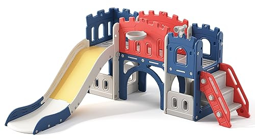 8 in 1 Toddler Slide, Castle-Themed Indoor Outdoor Playground for Toddlers Age 1+ with Extra-Long Slide, Basketball Hoop and Ball, Telescope, Tunnel, Storage Space, Baby Climber Playset, Colourful