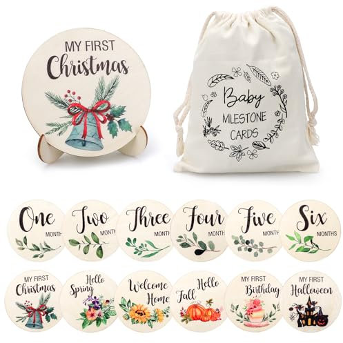 Nafafosa Meilensteinkarten Baby Holz 24 Design Meilensteine Baby 1-12 Monate mit Baumwoll-Beutel Ständer als Geschenk zur Geburt und Babyparty Geschenkideen für werdende Mütter Eltern (12 Stücke)