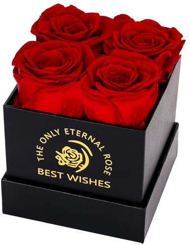 MestectPET Cajas de Rosa Eternas, Caja de Regalo de 4 Rojas Rosas Natural Preservada, Día de San Valentín Aniversario Día de la Madre Cumpleaños Regalo romántico para Esposa Novia Mamá Abuela