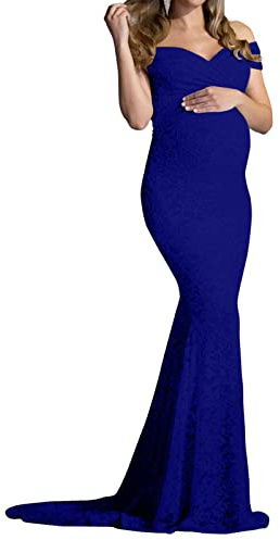 Vuncio Robe Long Grossesse Chic Et Elegant Manche Courte Col en V Robe à épaules Dénudées Enceinte Pas Cher Robe Maternité Fête Soirée Mariage Cérémonie Shooting Photo (Blue, L)