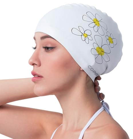 COPOZZ Women‘s Swim Cap for All Hair - Large, Comfortable Silicone Swimming Cap, Waterproof Design for Long, Short, Thick & Curly Hair | Secure & Comfortable Fit (Daisy-12yrs+)